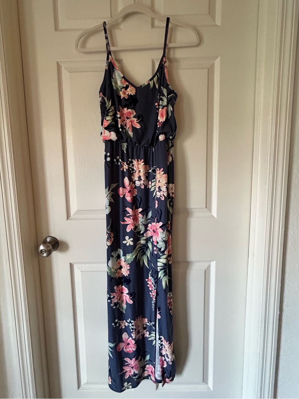 Derek Heart Navy Floral Maxi Dress Spaghetti Strap Elastic Waist - Size Small